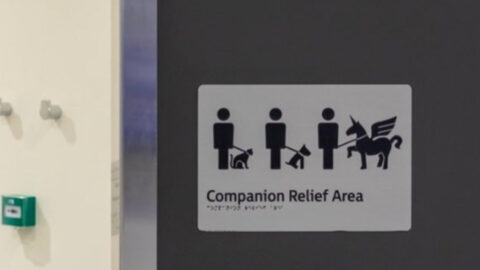 A door sign at Sydney Airport entitled "Companion Relief Area" with three people working a cat, koala and Pegasus supposedly on harness