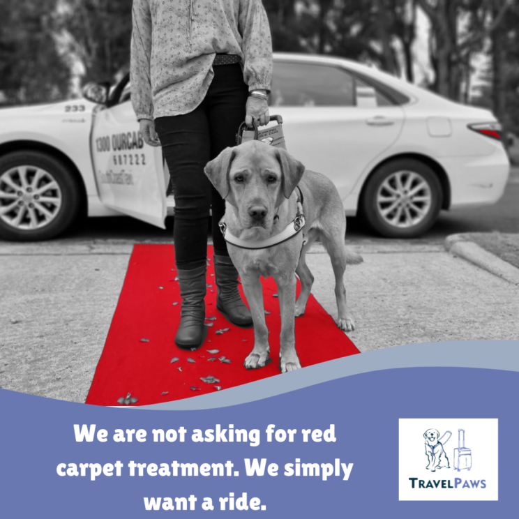 Golden Labrador Assistance Dog Nixon, wearing his identifying harness, stands on a red carpet with his Handler, Nina. Behind them, there is a parked taxi with an open door. The caption reads 'we are not asking for red carpet treatment. We simply want a ride.'