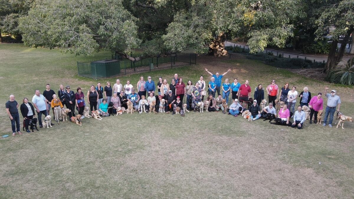 A group of approximately 50 Handlers stand with their Dog Guides in a curved line. The Handlers are in a park with tall green trees in the background.