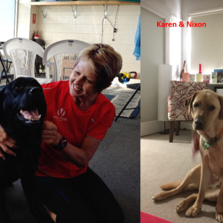 Two different photos side by side. Photo one shows Karen (the author) in a red top kneeling with her arm around Walter, a black Labrador Seeing Eye Dog. He is out of harness. Karen is looking at Walter, smiling with joy. Walter smiles with his head lifted high, enjoying the attention. Photo two shows Karen with Guide Dog Nixon, a golden Labrador. He wears no harness and sits leaning into Karen. She is wearing blue jeans and a blue jumper, kneeling with her arm around Nixon. They are both looking directly at the camera.