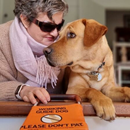 Nina, wearing a pink jumper and scarf, lays on her stomach looking lovingly at Assistance Dog Nixon, a golden Labrador. Nixon returns Nina's loving gaze. Nina's hand rests on Nixon's identifying harness, which has been laid on the floor in front of the pair.